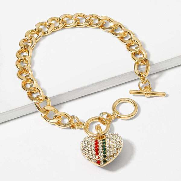 

Rhinestone Heart Detail Chain Bracelet 1pc, Gold