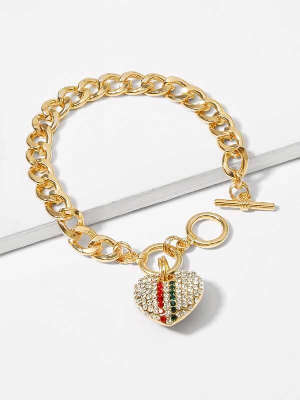 

Rhinestone Heart Detail Chain Bracelet 1pc, Gold
