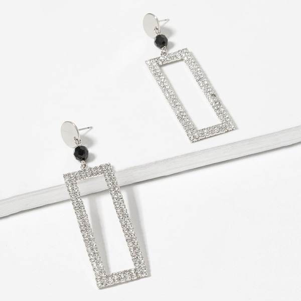 

Rhinestone Open Rectangle Drop Earrings 1pair, Silver