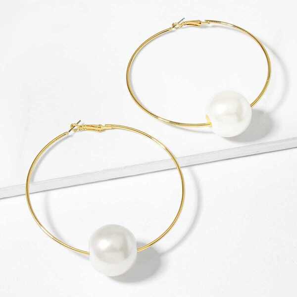 

Faux Pearl Detail Oversize Hoop Earrings 1pair, Gold