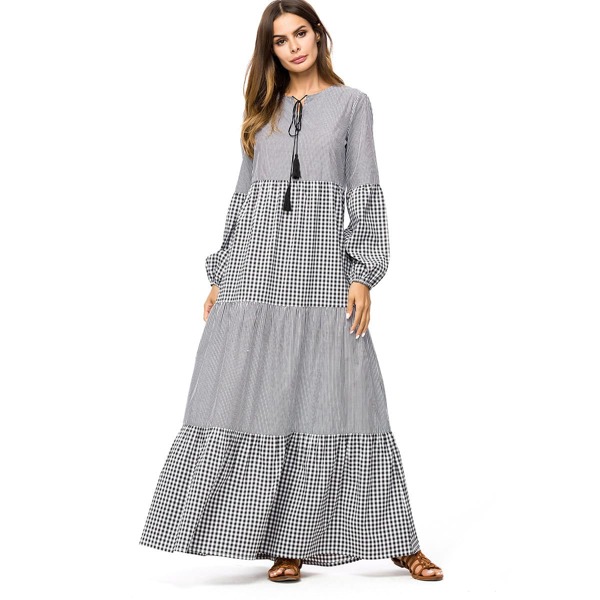 

Plaid Contrast Striped Longline Dress, Black and white