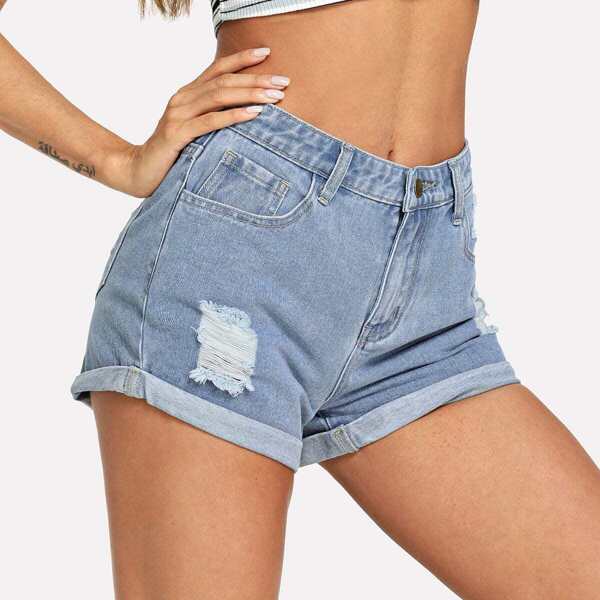 

Cuffed Hem Ripped Denim Shorts