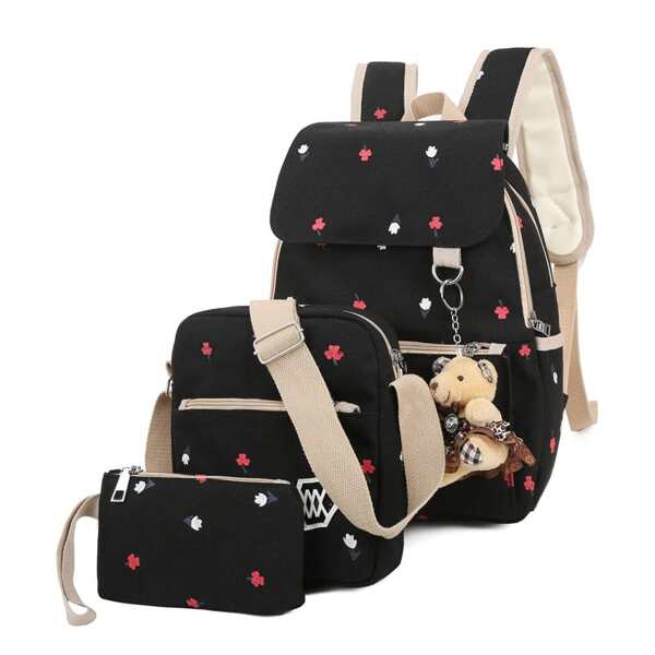 

Bear Charm Decor Backpack With Clutch 3pcs