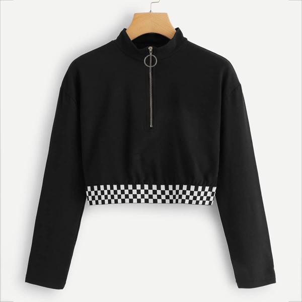 

Checkered Hem Zip Up Crop Tee, Black