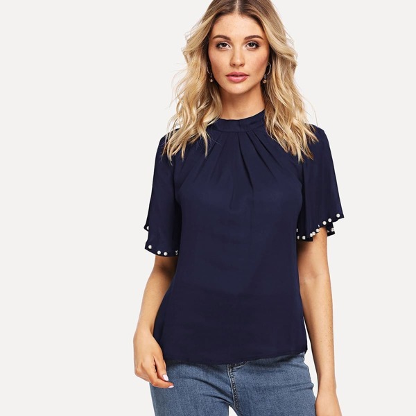 

Pearls Beaded Detail Solid Top, Navy