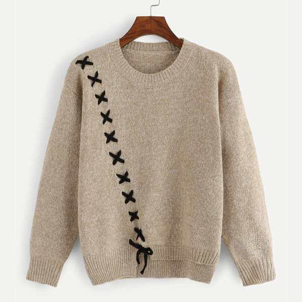 

Lace-Up Asymmetrical Sweaters, Khaki