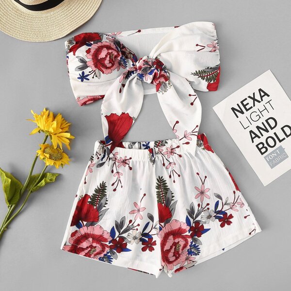 

Floral Print Knot Front Top With Shorts