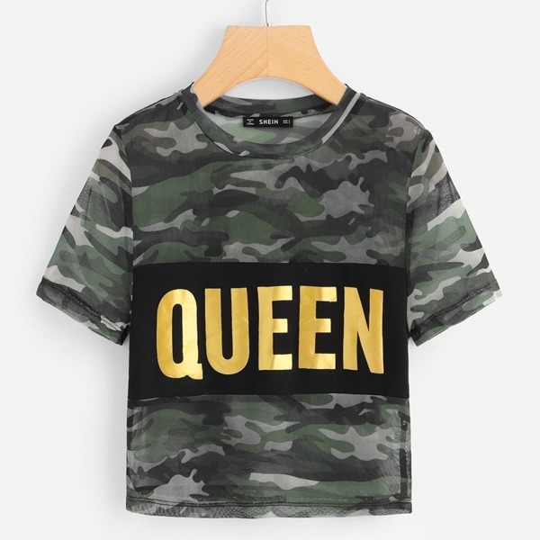 

Letter Print Semi Sheer Camo Crop Tee