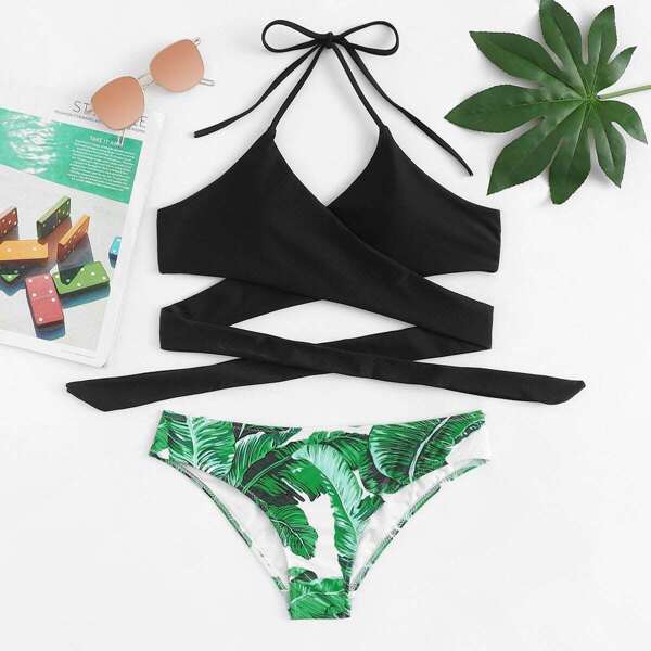 

Criss Cross Tie Back Top With Tropical Print Bikini, Multicolor