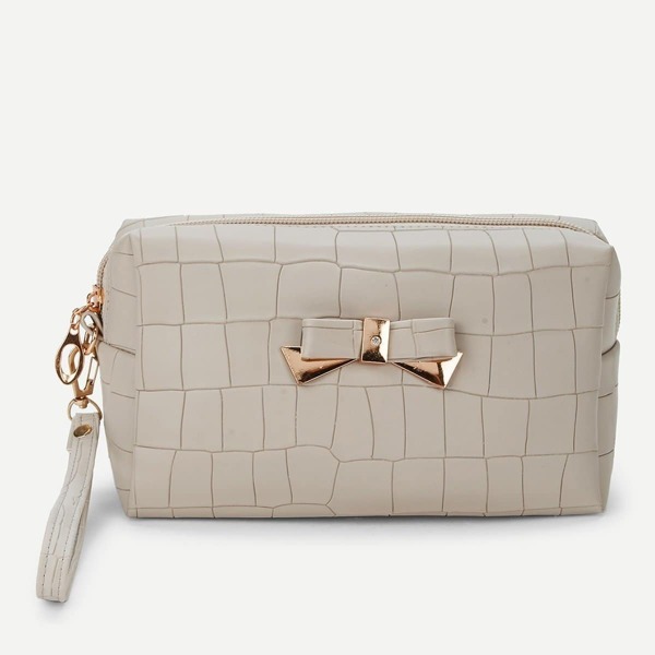 

Bow Decorated Pouch With Wristlet, Beige