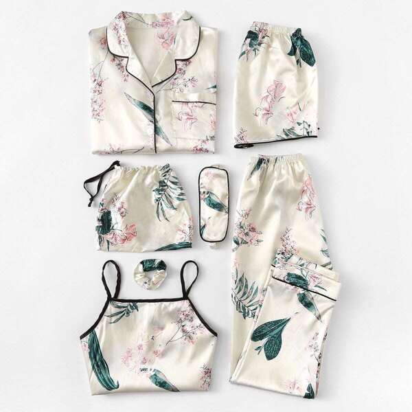 

Floral Print Cami Pajama Set With Shirt, Multicolor