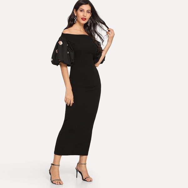 

3D Applique Lantern Sleeve Bardot Slit Dress