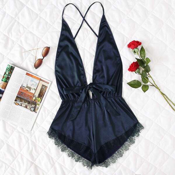 

Criss Cross Lace Hem Romper