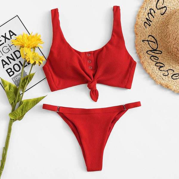 

Metal Ring Front Knot Top With Ribbed Bikini Set, Red bright