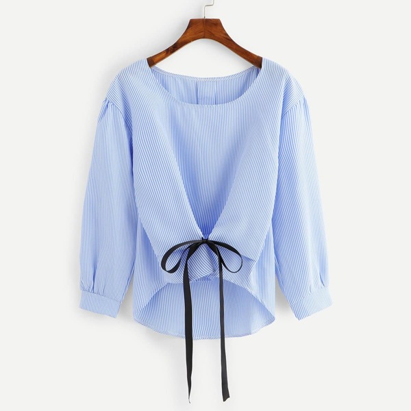 

Knot Front Striped Dip Hem Blouse