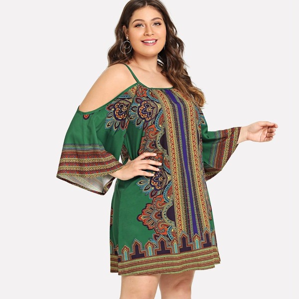 

Plus Cold Shoulder Tribal Print Dress