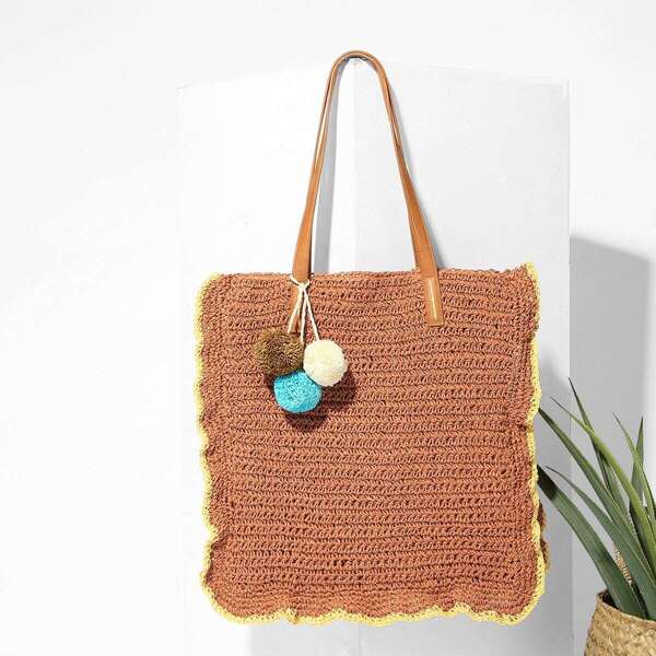 

Pom Pom Decorated Straw Tote Bag, Brown