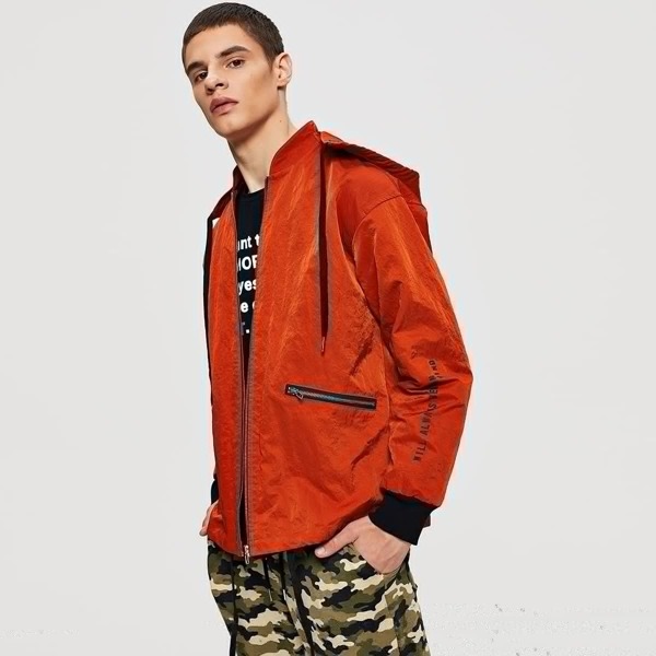 

Men Letter Print Zip Detail Drawstring Hooded Jacket, Orange