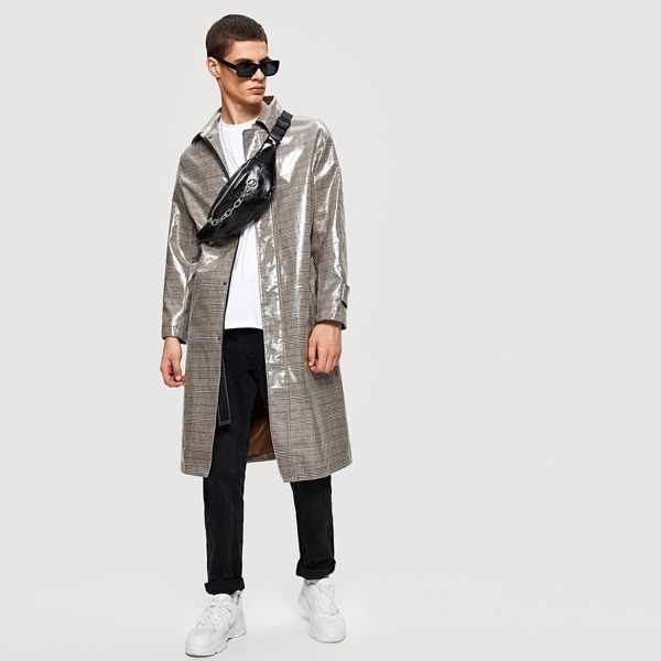 

Men Self Adjustable Belted Plaid Longline Coat