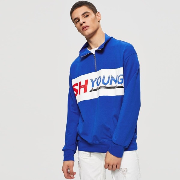 

Men Applique Detail Zip Half Placket Sweatshirt, Blue