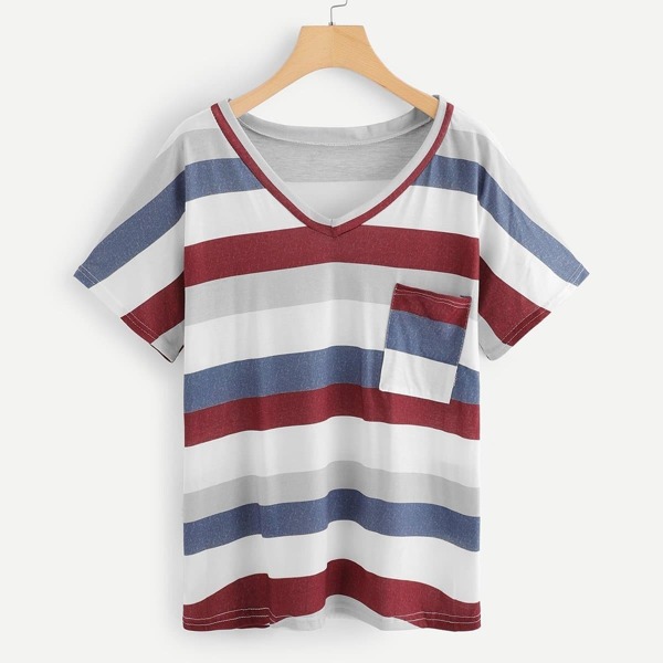 

Pocket Patched Dip Hem Striped Tee, Multicolor