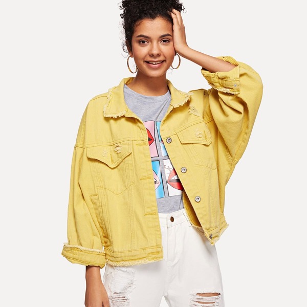 

Solid Ripped Button Front Denim Jacket, Yellow