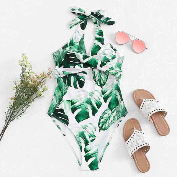 

Palm Print Cut-out One Piece Swimsuit