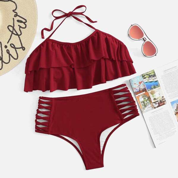 

Ladder Cut-Out Ruffle Bikini Set, Burgundy bright