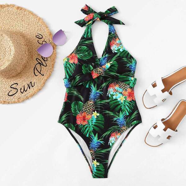 

Tropical Cut-out Back Halter One Piece Swimsuit