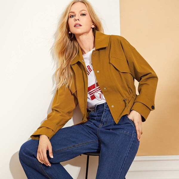 

Drop Shoulder Drawstring Waist Jacket, Yellow