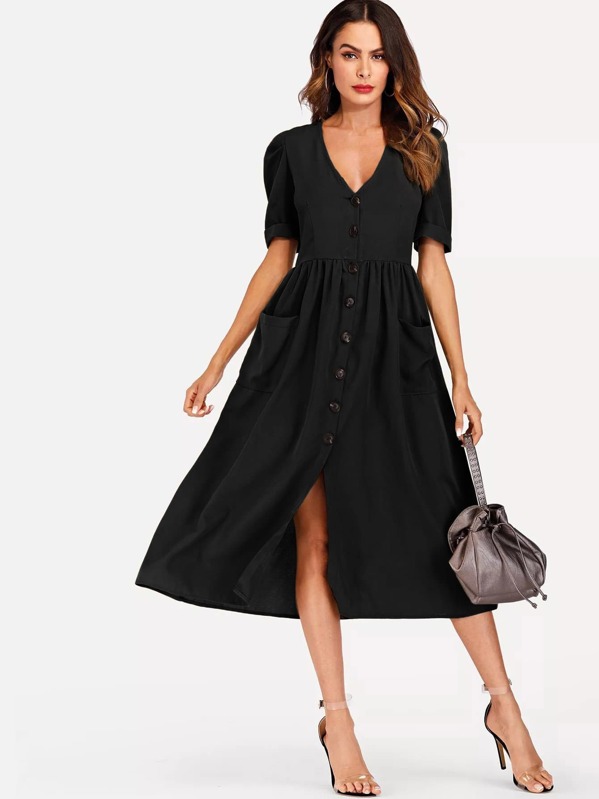 

Button Through Patch Pocket Dress, Black, Andy