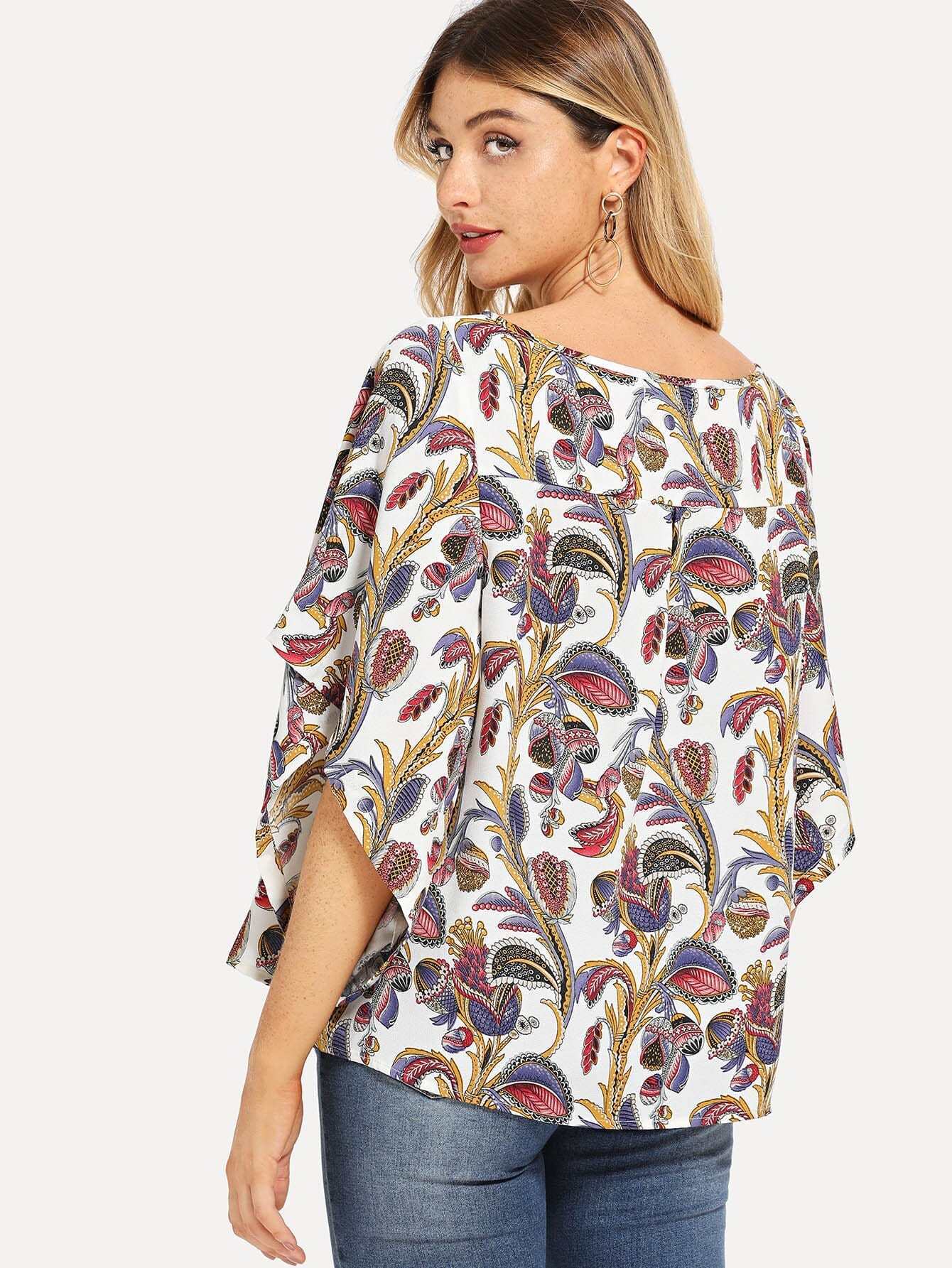batwing sleeve botanical print top