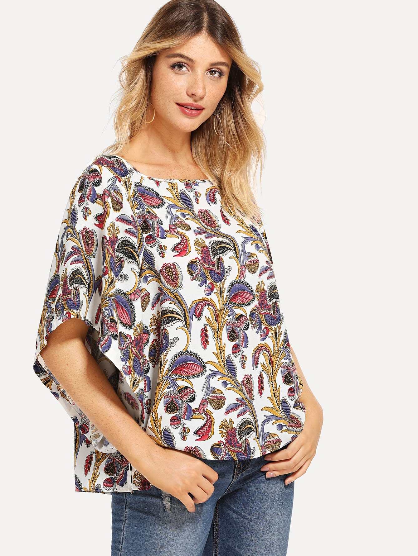 batwing sleeve botanical print top