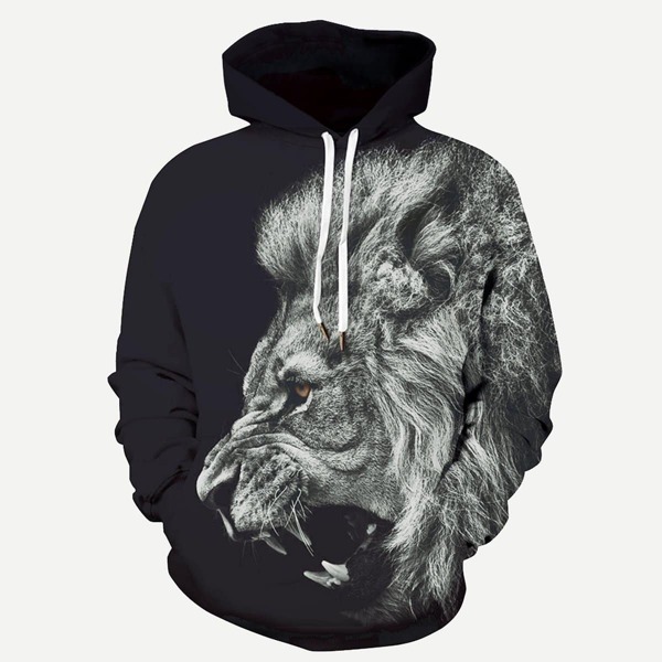 

Men 3D Lion Print Hooded Sweatshirt, Black
