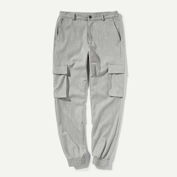 

Men Button Fly Pocket Side Tapered Cargo Pants, Grey