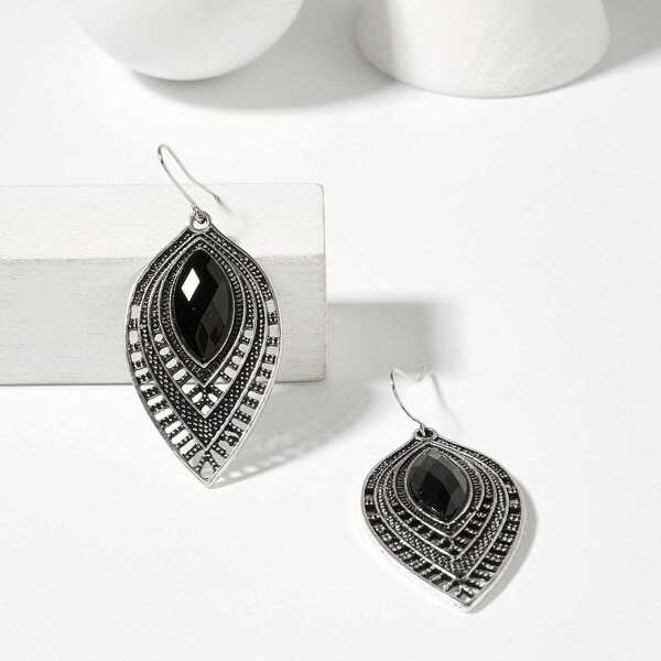 

Gemstone Engraved Hollow Drop Earrings 1pair, Multicolor