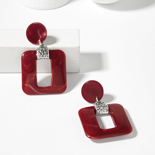

Open Square Design Drop Earrings 1pair, Red