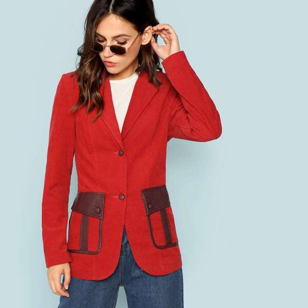 

Single Button Up Plaid Blazer, Red