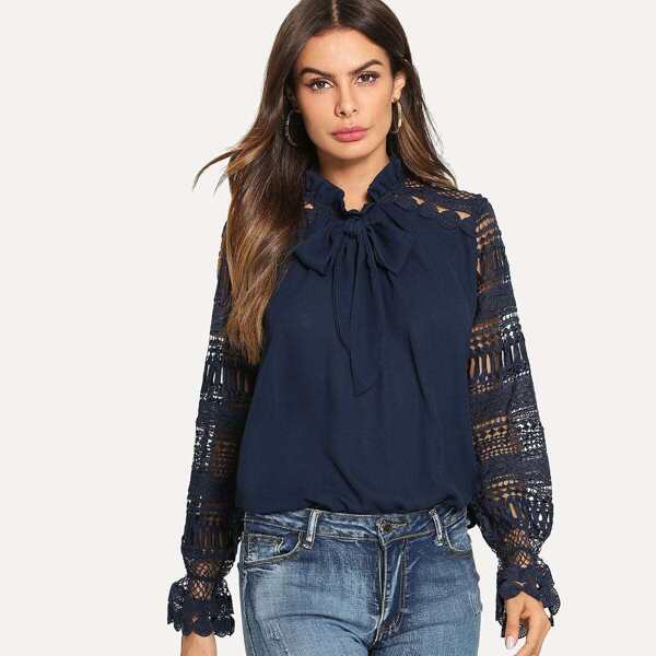 

Geo Lace Sleeve Frilled Tie Neck Blouse