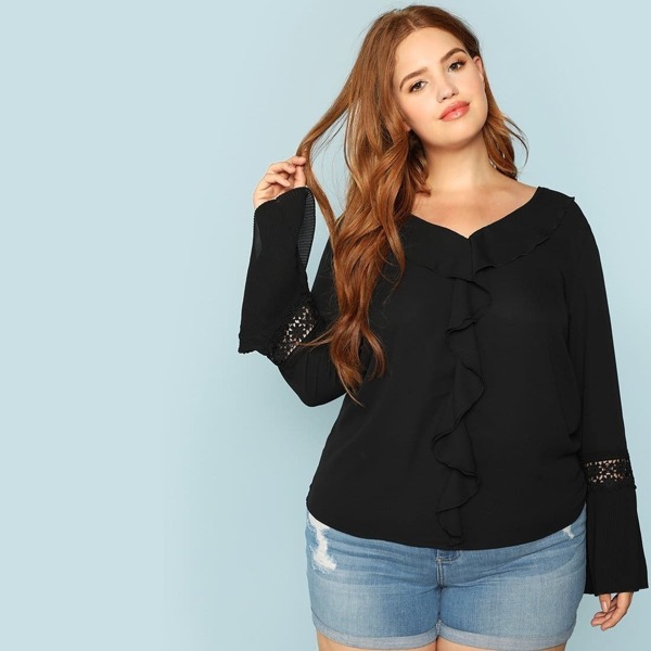 

Plus Lace Insert Pleated Bell Sleeve Ruffle Top