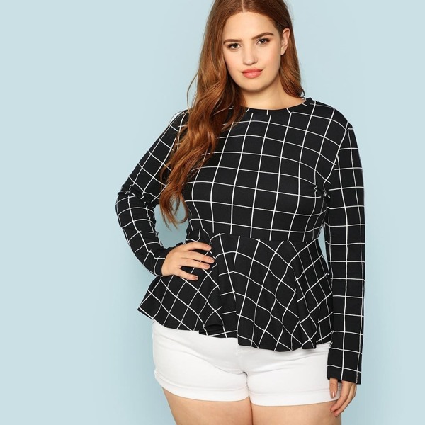 

Plus Grid Print Peplum Top, Black