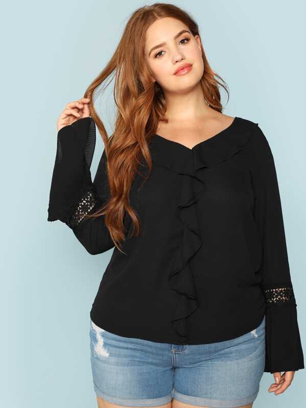

Кружева вставки Плиссированные Белл рукава Ruffle Top, Bree Kish