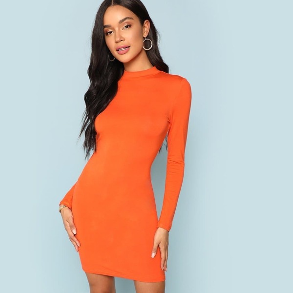 

Neon Orange Mock-neck Solid Bodycon Dress