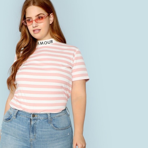 

Plus Mock Neck Letter and Striped Rib Tee