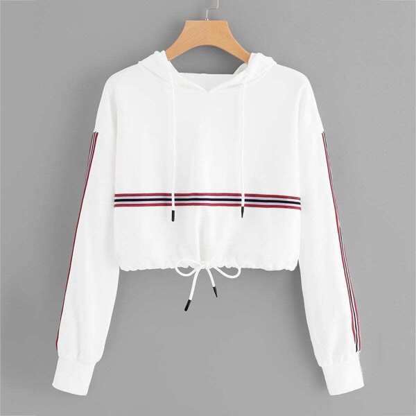 

Striped Tape Panel Drawstring Detail Hoodie, White