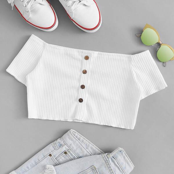 

Button Front Rib-Knit Bardot Crop Top
