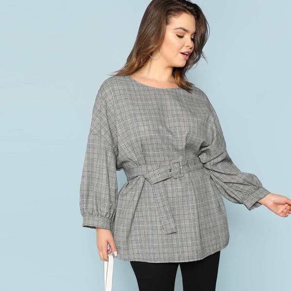 

Plus Balloon Sleeve Belted Plaid Dolman Top