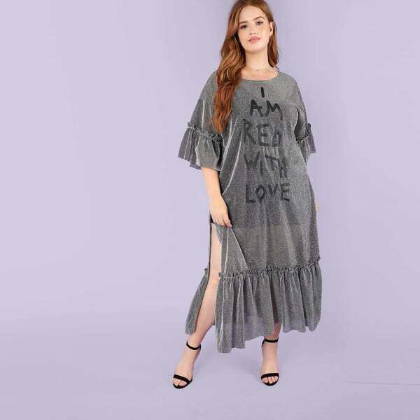 

Plus Letter Print Ruffle Sleeve and Hem Dress