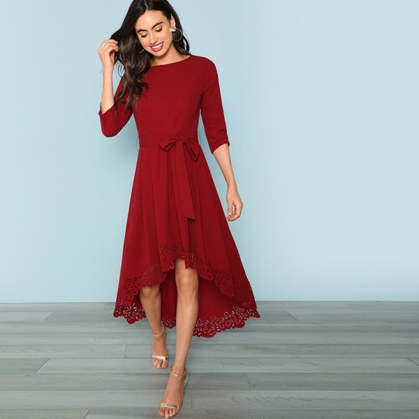 

Laser Cut Dip Hem Dress with Belt