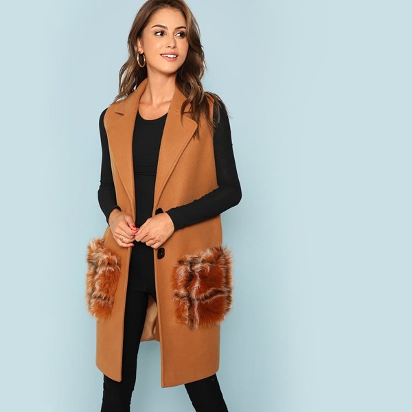 

Exaggerate Collar Sleeveless Duffle Coat, Brown